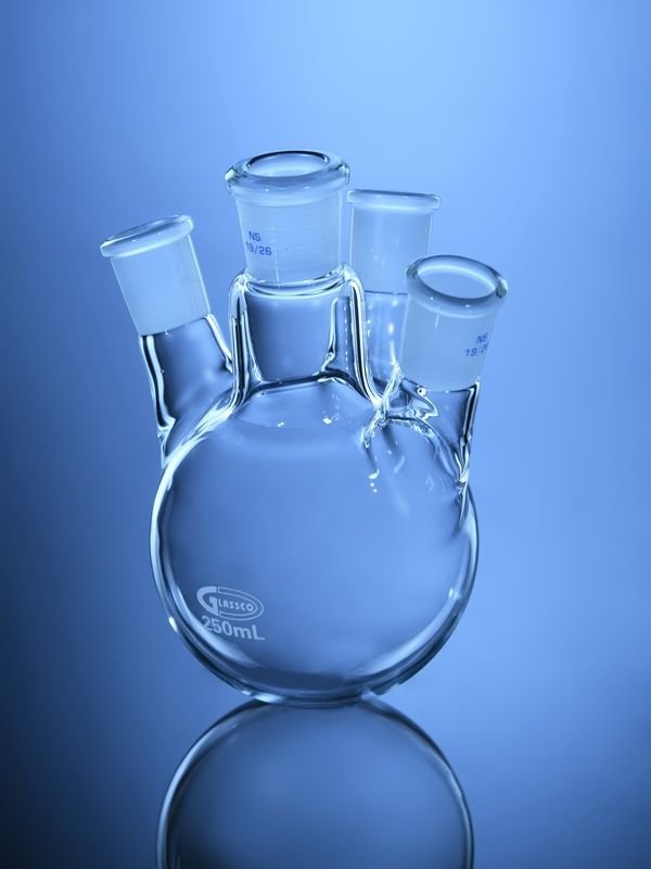 Glassco pallone fondo tondo 4 colli vetro laboratorio