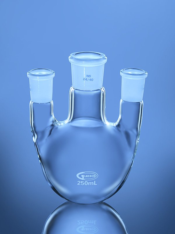 Glassco ASTM pallone fondo tondo 3 colli vetro