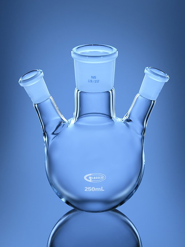 Glassco Pallone fondo tondo 3 colli angolati vetro ASTM